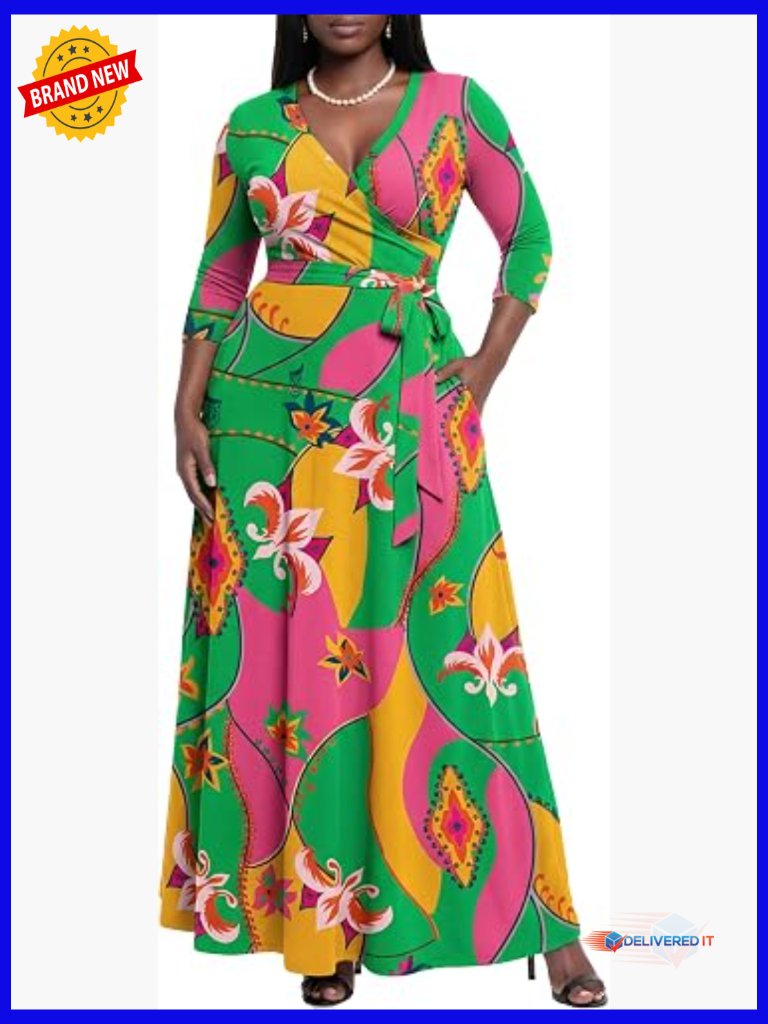 Maxi Dress Summer Casual Wrap Tie Waist Long Dress M-3xl V-Neck 3/4 Sleeve